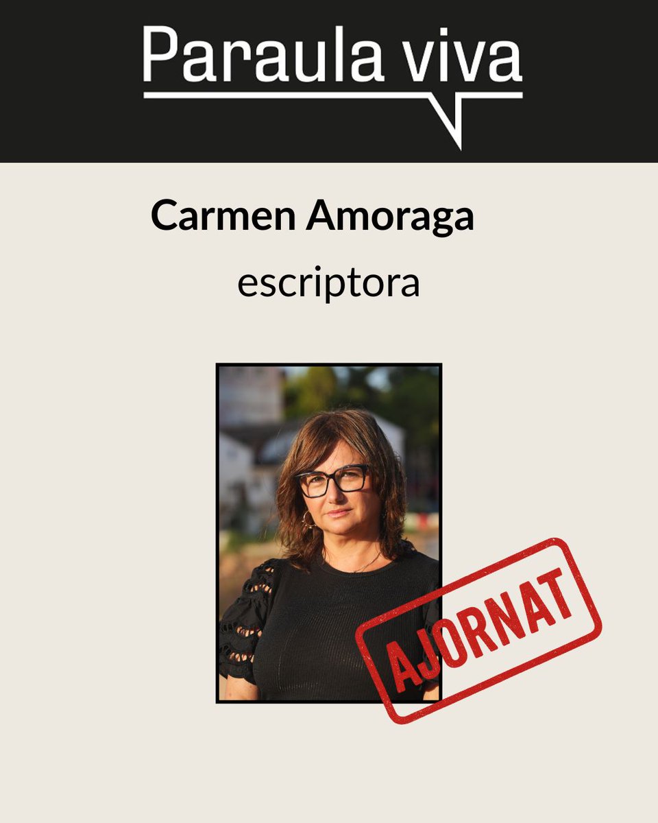 Degut a la situación climatológica es cancela la visita de Carmen Amoraga a la biblioteca aquesta vesprada.
Informarem de la nova data en la nostra web i les xarxes socials.
#bibliosocialsuv #paraulaviva <a href="/AmoragaCarmen/">Carmen Amoraga</a>