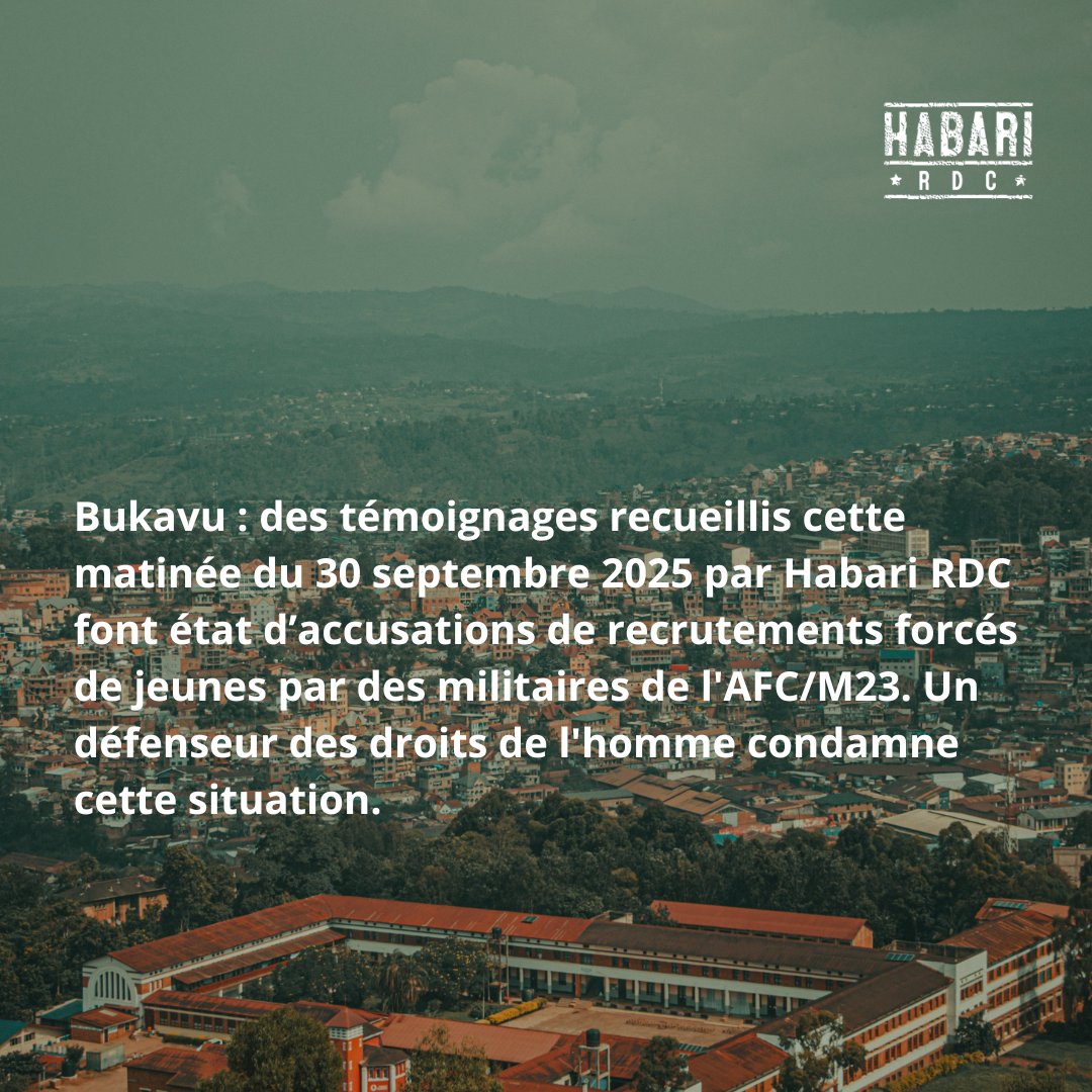 Ce mardi 30 septembre 2025, dans la commune d’Ibanda, quartier Nyalukemba, plus précisément à “Luziba”, les forces de l’ordre de l’AFC/M23 ont procédé à un recrutement forcé de jeunes dans l’armée, assure un témoin. Ces derniers ont été immédiatement acheminés au camp militaire