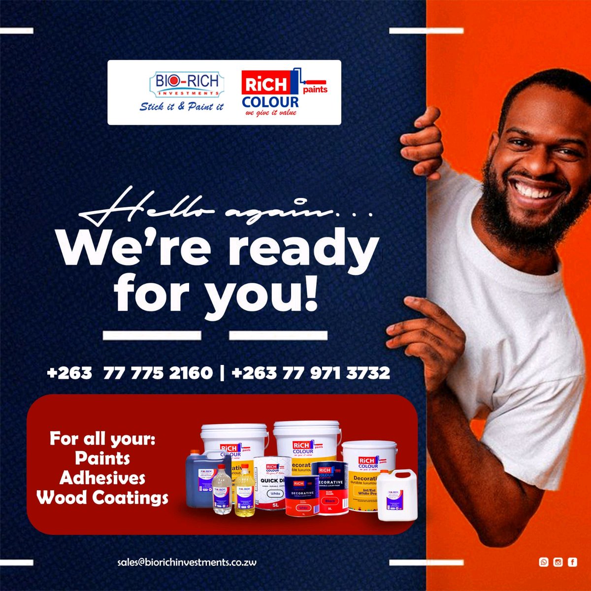 At Bio-Rich Investments, we don’t just sell paint — we bring your walls, furniture, and projects to life! From durable paints to strong adhesives and quality wood coatings, we’ve got you covered. 

Call: +263 77 971 3732

#BioRichPaints #RichColour #PaintsZimbabwe