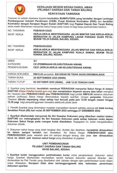 PDTBaling's tweet photo. KENYATAAN TAWARAN.
Syarikat yang berminat, hendaklah membuat PERAKUAN menyertai Sebut Harga di sistem iDAFTAR (https://t.co/XmtGs2vgYX) dan boleh mengikuti seperti yang dinyatakan dalam kenyataan tersebut. Terima kasih. https://t.co/rQFR1HXZ38