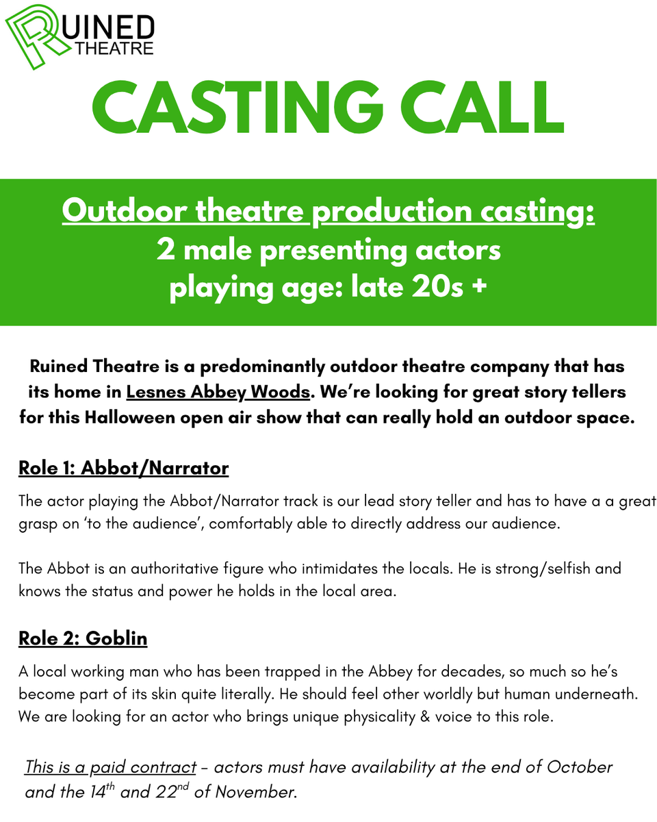 CASTING CALL: 
2 male presenting actors (playing age late 20s +).

This is a professional paid contract and actors must have availability at the end of October and on the 14th and 22nd of November.

If you are interested please email spotlight links to info@theruinedtheatre.com