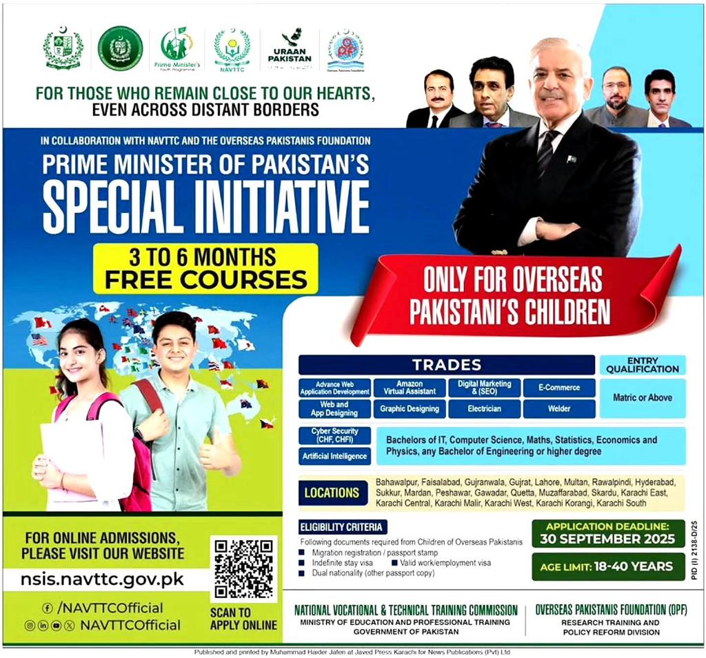 opf_pk's tweet image. وزیرِاعظم کی خصوصی انیشیٹو برائے اوورسیز پاکستانیوں کے بچوں کے لئے!
NAVTTC اور OPF کے اشتراک سے اوورسیز پاکستانیوں کے بچوں کے لیے 3 سے 6 ماہ کے مفت پیشہ ورانہ تربیتی کورسز کا آغاز کر دیا گیا ہے۔
🔗 ابھی اپلائی کریں: nsis.navttc.gov.pk/sign-

#NAVTTC #opf