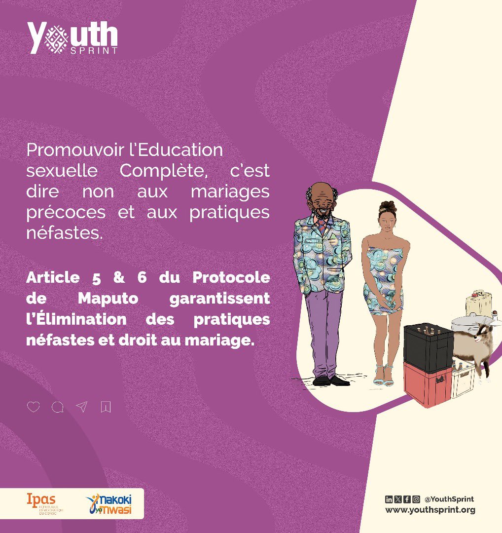 Dire oui à l’Éducation Sexuelle Complète, c’est dire non aux mariages précoces et aux pratiques néfastes.

📜 Les articles 5 &amp; 6 du Protocole de Maputo garantissent le droit au mariage libre et l’élimination des pratiques traditionnelles dangereuses.
Éduquer, c’est protéger. #ESC