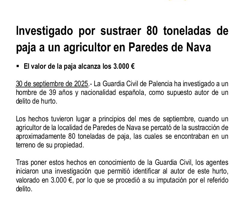 🚜 Investigado por sustraer 80 toneladas de paja a un agricultor en Paredes de Nava

#guardiacivilpalencia 
#SeguridadCiudadana