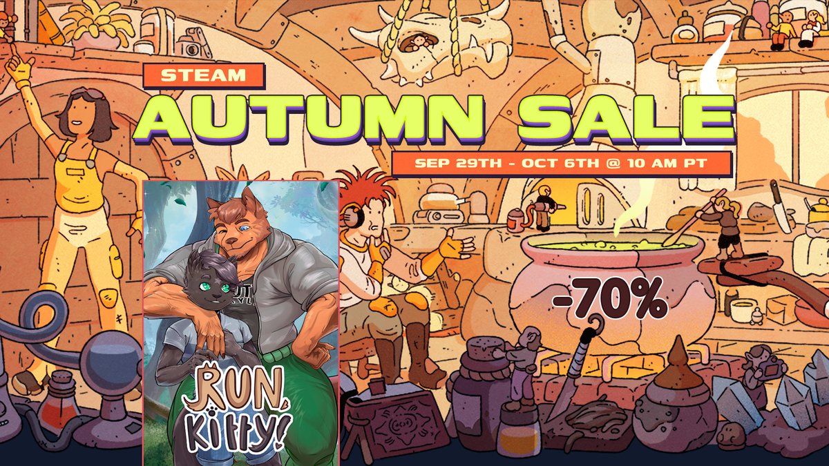 strongandfurry's tweet photo. 🍁 The Steam Autumn Sale has started!
As usual, our game "Run, Kitty!" is also on sale there — with a huge 70% discount! 😍
The sale will last until October 6th, 5:00 PM UTC, so you still have time! 🥰 

We know many of you are eagerly waiting for update news... 😣 >>> https://t.co/FaAziHqkE7