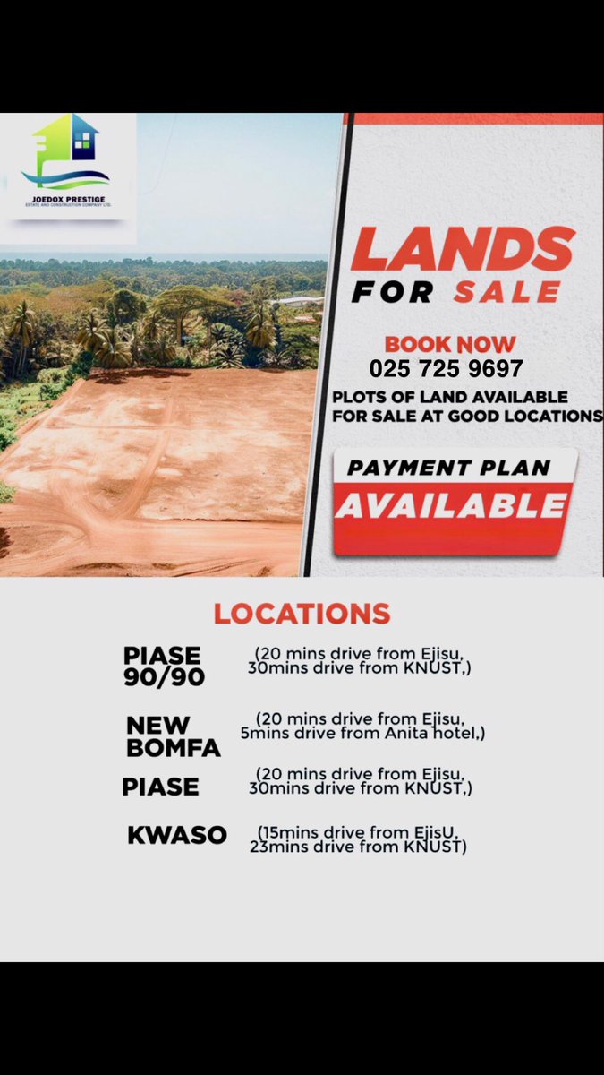 EdwinAmoako4's tweet photo. Own a piece of the future with Joedox Prestige 🌍
📍 Prime lands near Ejisu &amp; KNUST
✔ Flexible payment plans
✔ Perfect for home, business, or investment

💬 Contact us now 025 725 9697

Secure your land. Secure your future.

#RealEstate #LandForSale #Ejisu #KNUST #Investment https://t.co/C2UJBRNKht
