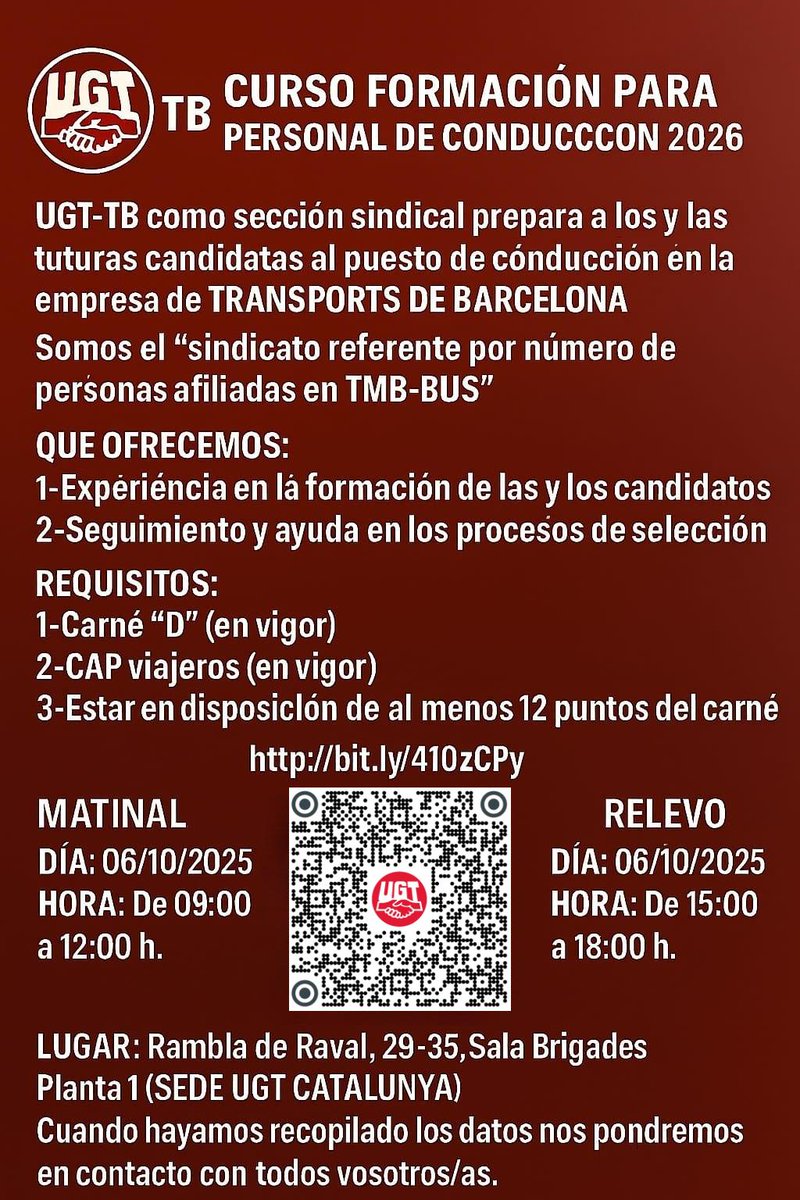 CURSO FORMACIÓN PARA PERSONAL DE CONDUCCIÓN EN TRANSPORTS DE BARCELONA 2026

INSCRIPCIÓNES ONLINE EN EL ENLACE:
👇👇👇👇👇👇👇👇
bit.ly/41OzCPy
       Y EN EL CODIGO QR EN EL FLYER!!
                                👇👇👇