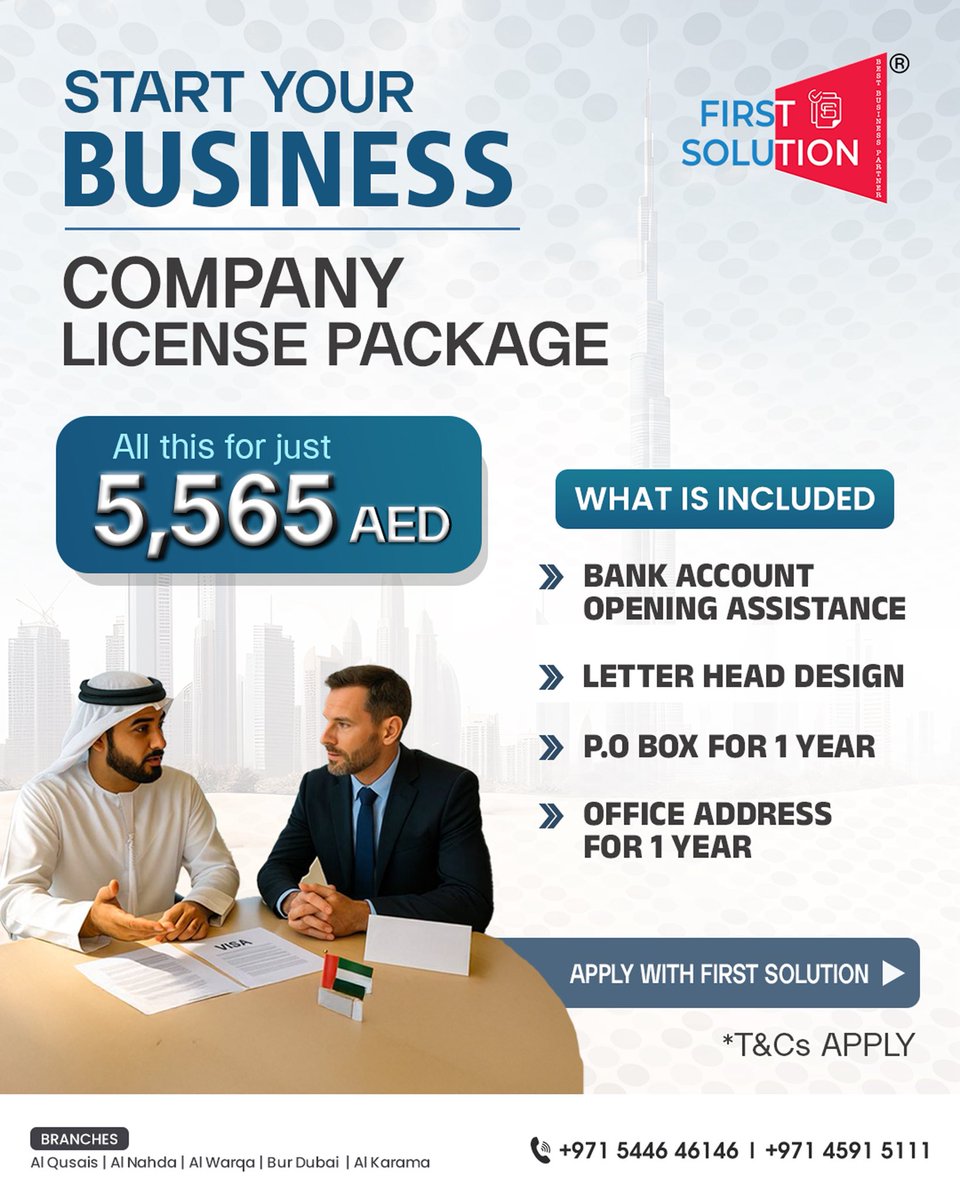 FirstSolutionB's tweet image. Launch your dream business in Dubai from only AED 5,565!
✅ Trade License | ✅ Bank Account Opening Assistance | ✅ Office Address | ✅ P.O. Box
📲 Start today, grow tomorrow!
#DubaiBusiness #BusinessSetupUAE #StartInDubai #UAEOpportunities #FirstSolution