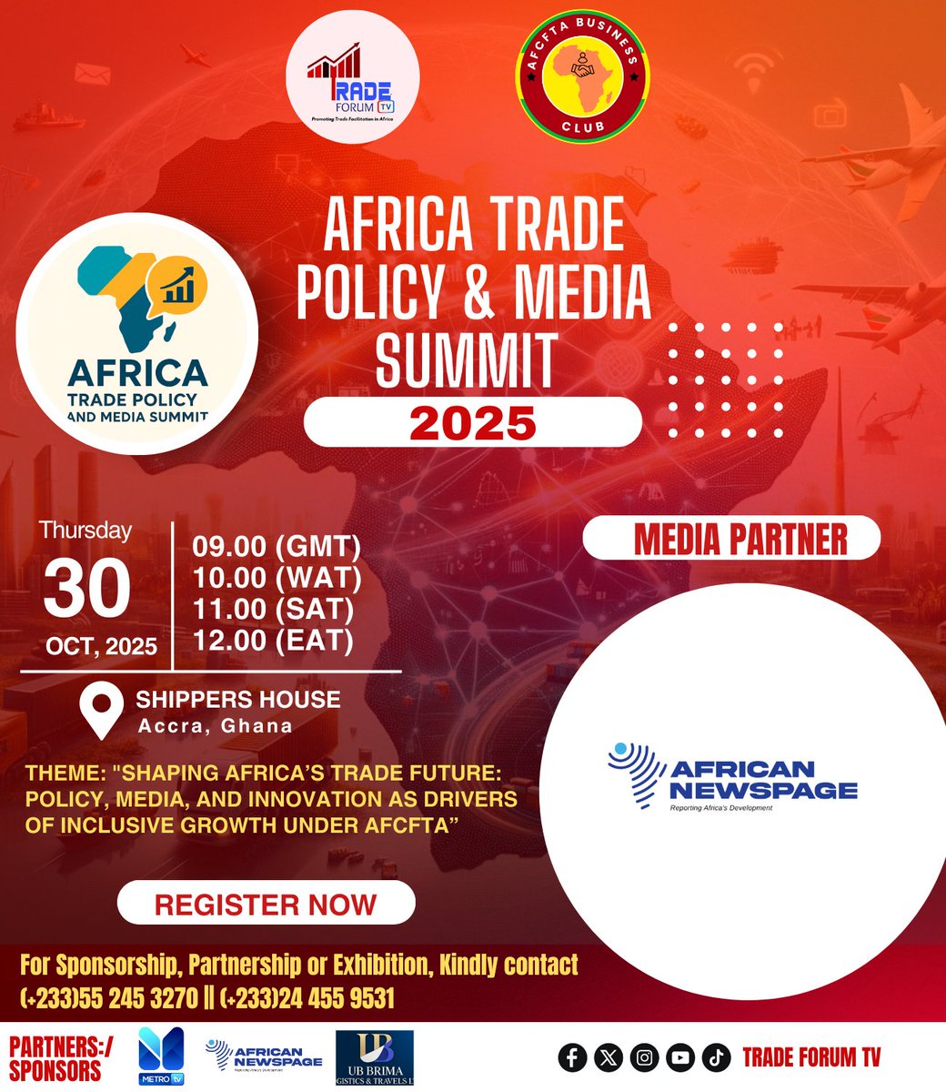 Exciting news! 🌍 <a href="/AfricanNewspage/">African Newspage</a> joins as media partner for the <a href="/ATPMS_/">Africa Trade Policy and Media Summit</a> 2025. Don’t miss this transformative event on trade and policy. Secure your seat today— Be part of Africa’s trade future! 
📅 October 30, 2025
🏢 Ghana Shippers' House, Accra 
📎 forms.cloud.microsoft/Pages/Response…