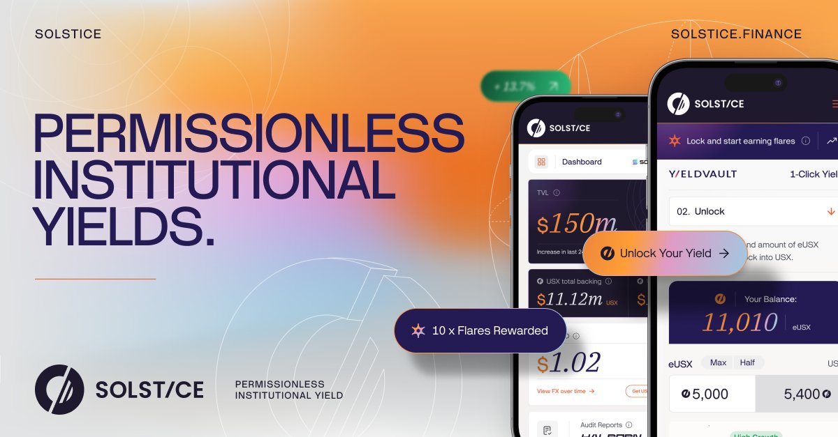 Solstice YieldVault promotional image showing permissionless institutional yields with app screenshots