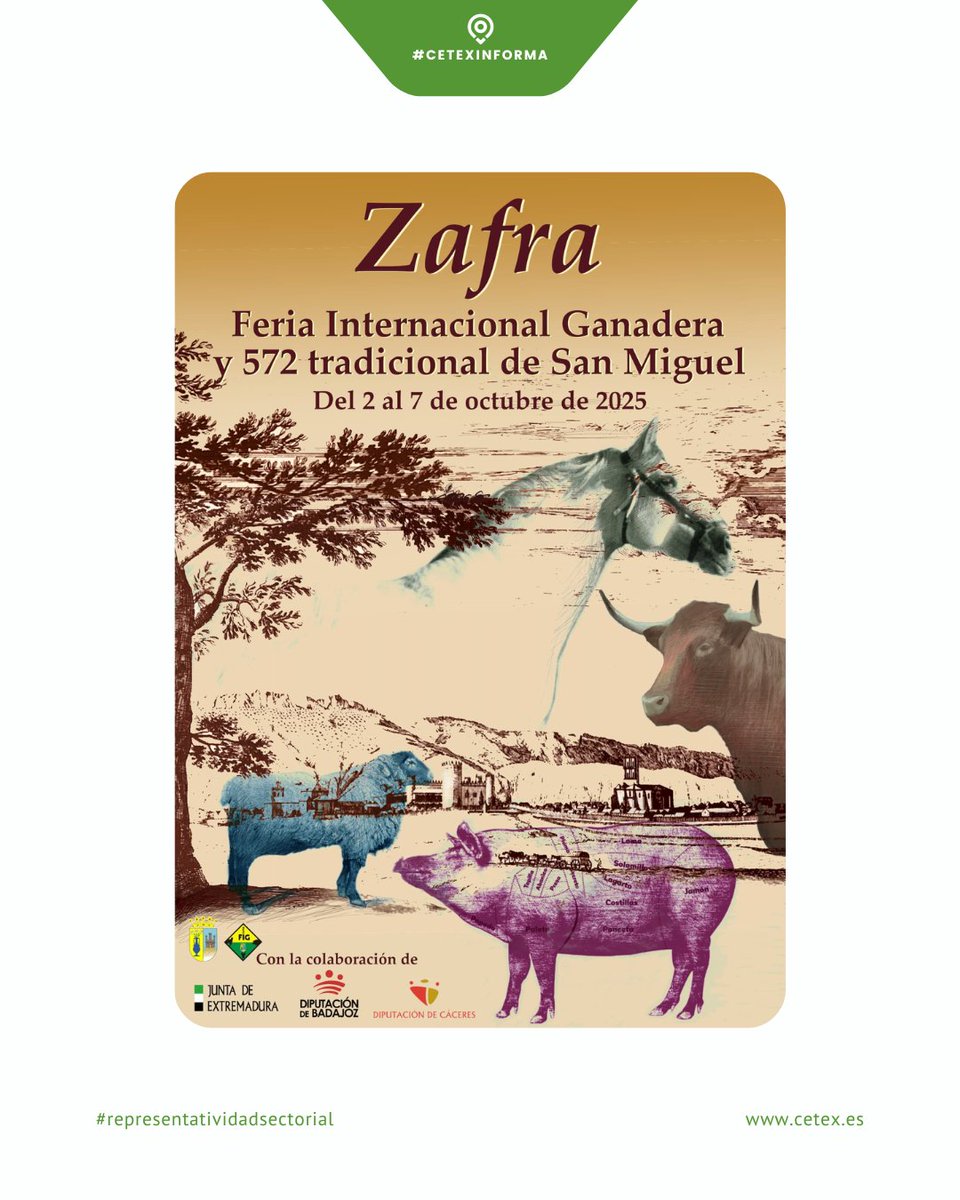#CetexInforma La Feria Internacional Ganadera de Zafra vuelve este año del 02 al 07 de octubre. Zafra es el epicentro de una de las ferias más antiguas y prestigiosas de España: La Feria Internacional Ganadera y Tradicional Feria de San Miguel.
#representatividadsectorial
