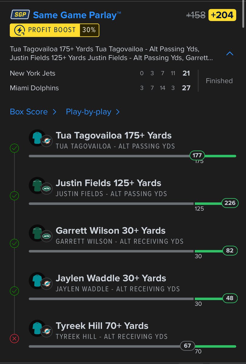 Too bad bet protect doesn’t cover live SGP, eh <a href="/FDSportsbook/">FanDuel Sportsbook</a>?

Placed at halftime, Tyreek sees less than a quarter of play.