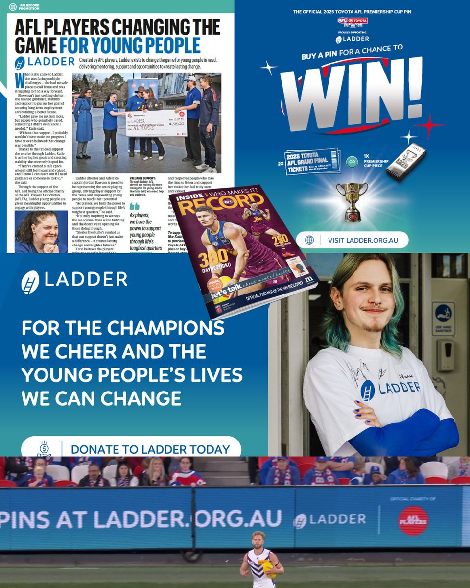 We’re incredibly proud to be the official charity of the <a href="/AFLPlayers/">aflplayers</a> and to be featured during the 2025 Toyota <a href="/AFL/">AFL</a> Finals Series. Thank you to all our supporters this year and helping us change young people's lives. 2025 and back-to-back 2024/25 pins at ladder.org.au