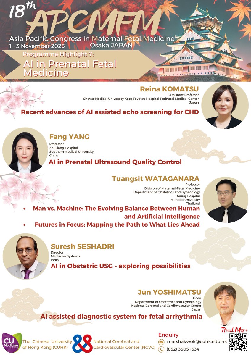 🎉Join us at APCMFM 2025 in Osaka, Japan🇯🇵
💓 AI in Prenatal Fetal Medicine
🗓️ Main Congress: 1-2 Nov 25 
🗓️ Post-Congress Workshop: 3 Nov 25 
🚨 Call for Abstracts is OPEN!
🗓️ Extended Deadline: 30 Sep 25
📥 Submit: cloud.itsc.cuhk.edu.hk/webform/view.p 
🔗 Info: obg.cuhk.edu.hk/apcmfm/apcmfm-…