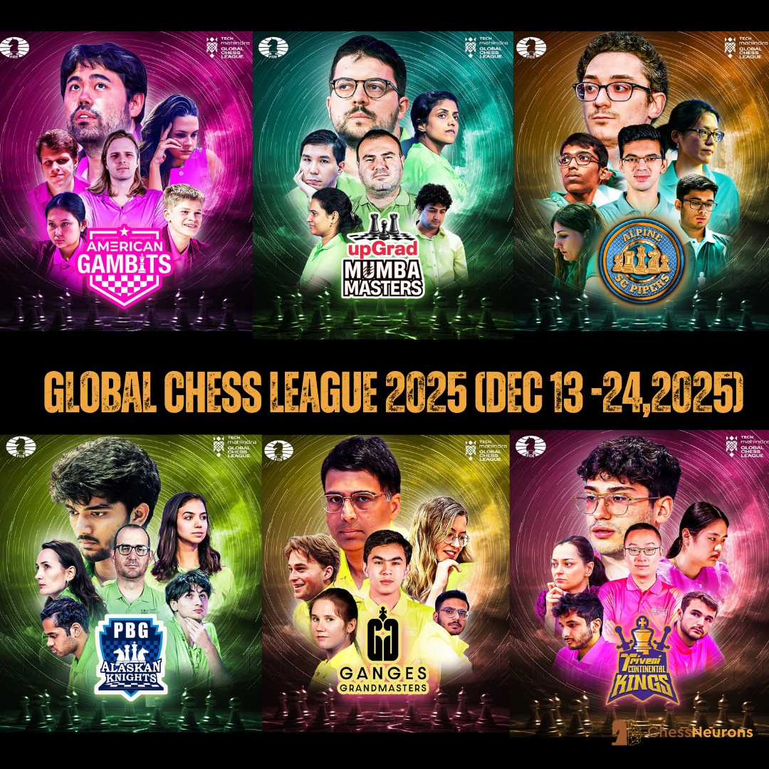 ChessNeurons's tweet image. The teams are set! 🔥🔥 
The Global Chess League will take place from 13th to 24th December 2025. So, which team are you going to support ?

#ChessForAll #chess #globalchessleague  #grandmaster #chessneurons
