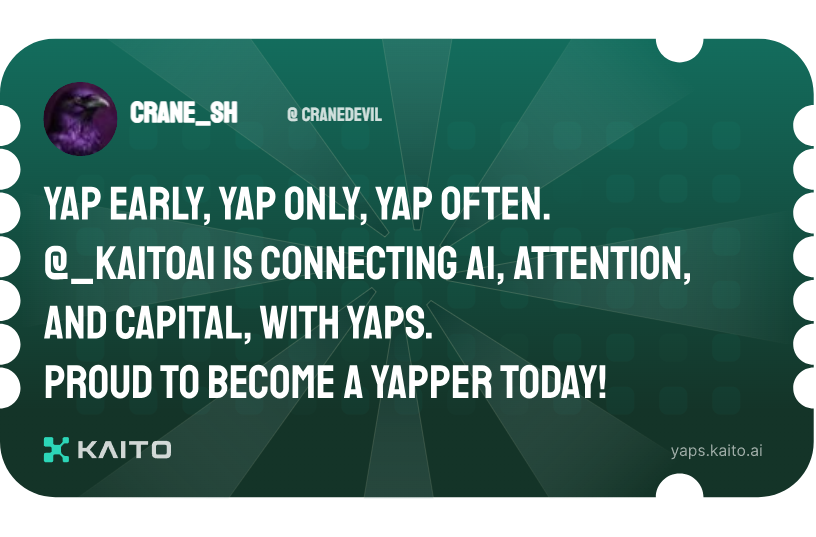 CraneDevil's tweet photo. Yap early, yap only, yap often.

@KaitoAI is connecting AI, attention and capital with Yaps.

Just claimed my social card and I'm accumulating Yap points in real-time.

Claim yours 👉 https://t.co/lrMSxoOTkA 
Yap early, yap only, yap often. https://t.co/YeBGauvEYu