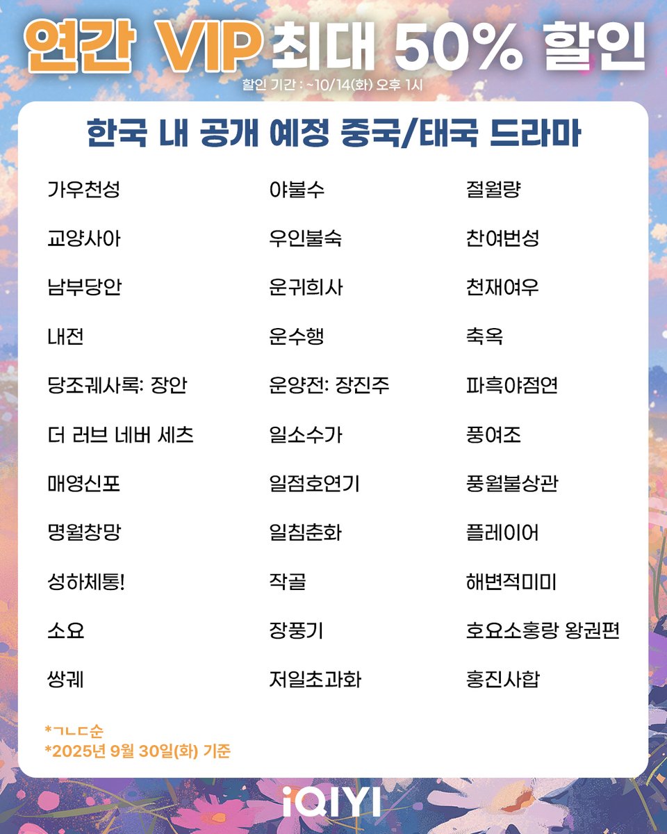 iqiyikorea's tweet photo. 💚 #아이치이 추석맞이 연간 VIP 최대 50% 할인 중💚
⏰ 할인 기간 : 9/30(화) 오후 1시~10/14(화) 오후 1시
💎프리미엄 VIP(익스프레스 패키지 포함) 50% 할인
👑스탠다드 VIP 35% 할인
🚨 [ 구매 전 필독사항 https://t.co/SQlLxo7wvX ]을 확인하지 않고 구매하실 경우, 원치 않는 자동 결제가
되거나 구매가 불가능하실 수 있습니다. 🚨

🎁EVENT1. 연간 프리미엄 VIP 한정 이벤트
응모하기: https://t.co/raXqwGNIOy

🎁EVENT2. 삼성/신촌/홍대역 옥외광고 인증샷 이벤트
응모하기: https://t.co/O37Y2Krthy

📍옥외광고 장소 및 기간:
🎞️ 10/1(수)~10/7(화) 7:00~24:00 (20초씩, 매일 100회)
스타필드 코엑스몰 내 나인투나인 큐브(COEX 9to9 Cube) 및 무인 인포메이션(서울시 강남구 삼성동 스타필드 코엑스 정문(삼성역 방면) 및 라이브 플라자, 별마당도서관, 메가박스 근처)
🎞️ 10/1(수)~10/7(화) 6:00~24:00 (20초씩, 매일 100회)
홍대입구 스칼렛빌딩 전광판 (서울 마포구 양화로 148 (2호선 홍대입구역 9번 출구))
🎞️10/1(수)~10/14(화) 6:00~24:00(20초씩, 매일 100회)
현대백화점 신촌점 유플렉스(U-PLEX) 옥외 대형 전광판 및 지하철 2호선 신촌역(8번 출구 부근)
현대백화점 지하연결통로(서울시 서대문구 연세로13)

🌟등장 드라마 및 배우 리스트
<교양사아> 송위룡(쑹웨이룽), 조금맥(자오진마이)
<성하체통> 왕초연(왕추란), 승뢰(청레이)
<축옥> 장릉혁(장링허), 전희미(티엔시웨이)
<파흑야점연> 장흔(장신), 진철원(천저위안)
<호요소홍랑 왕권편> 성의(청이), 이일동(리이퉁)

#iQIYI #중국드라마 #중드 #중드추천 #태국드라마 #태드 #태드추천 #드라마 #Cdrama #ChineseDrama #ThaiDrama #Drama