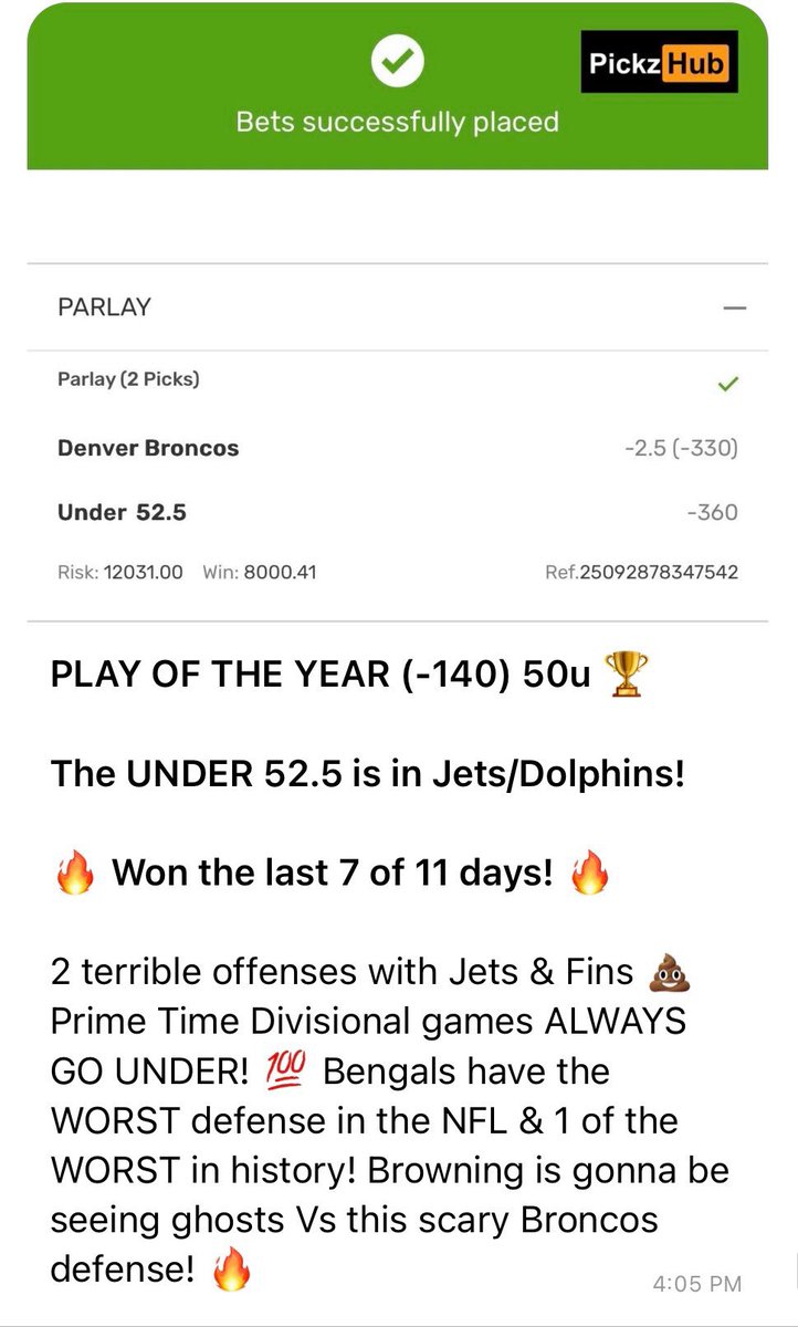 CONGRATS TO EVERYONE WHO JOINED FOR THE GUARANTEED BLOWOUT WINNER TODAY! 🤑🤝

PLAY OF THE YEAR (-140) 50u 🏆✅
JETS/FINS UNDER 52.5 ✅
BRONCOS -2.5 ✅

VIP HAS WON THE LAST 8 of 12 DAYS!!! 📈🔥

STOP MISSING OUT &amp; USE THIS HUGE DISCOUNT CODE NFL40 FOR 40% OFF EVERY PACKAGE! 😳🎁