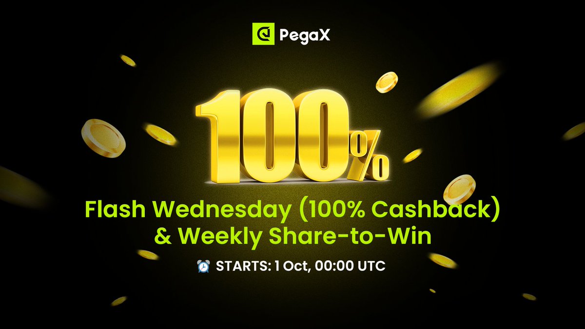 PegaX_ai's tweet image. 🚀Community Campaign: Flash Wednesday (100% Cashback) &amp;amp; Weekly Share-to-Win🚀

Another week, another community treat ❤️

We’re rolling out Flash Wednesday, paired with our Share-to-Win campaign💫

⚡ Flash Wednesday
       - No extra steps — just trade on Wednesdays
       - Get…