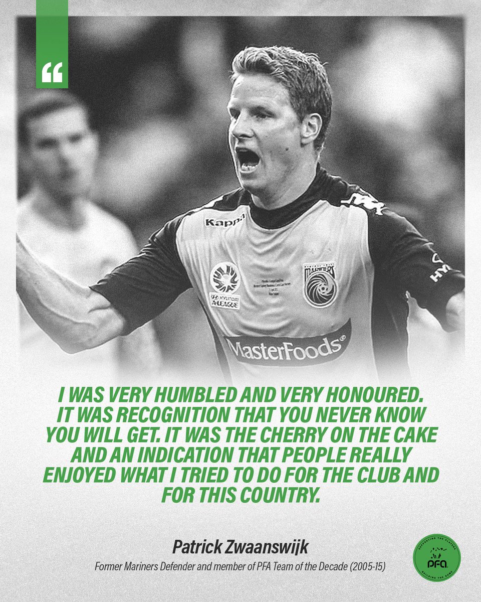 thepfa's tweet image. A true rock at the back for @CCMariners in the first decade of the @aleaguemen 💪
Patrick Zwaanswijk’s commanding performances earned him peer recognition in the inaugural PFA Team of the Decade — highlighted by leading the Mariners to both a Premiership and Championship 🏆…