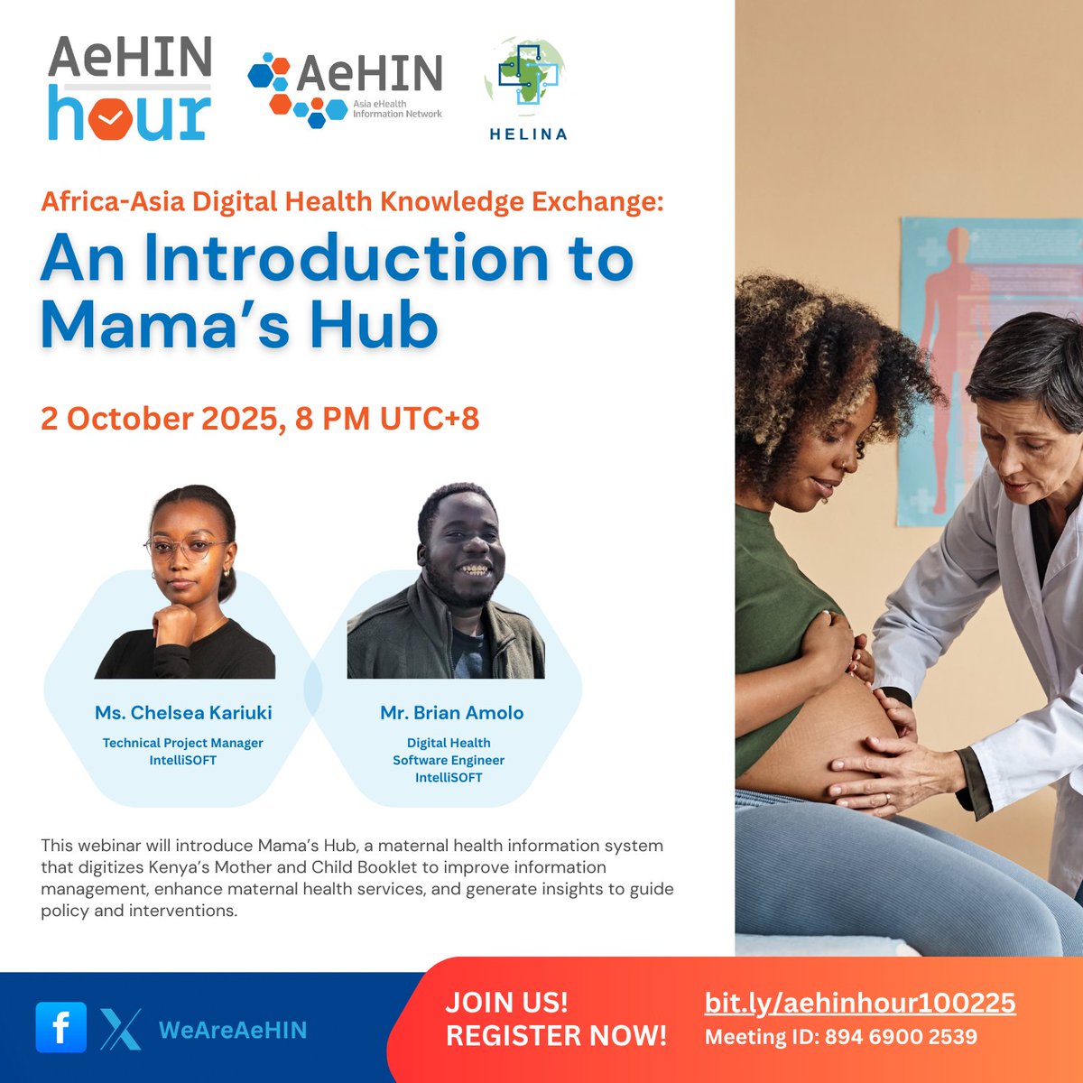 WeAreAeHIN's tweet photo. Join us in our upcoming 𝐀𝐟𝐫𝐢𝐜𝐚-𝐀𝐬𝐢𝐚 𝐃𝐢𝐠𝐢𝐭𝐚𝐥 𝐇𝐞𝐚𝐥𝐭𝐡 𝐊𝐧𝐨𝐰𝐥𝐞𝐝𝐠𝐞 𝐄𝐱𝐜𝐡𝐚𝐧𝐠𝐞 𝐰𝐞𝐛𝐢𝐧𝐚𝐫 co-organized with The Pan African Health Informatics Association (HELINA).

📅 Oct 2, 2025, 8:00 PM (UTC+8)
🔗 https://t.co/5mNqyHLz6t
🗣️ Chelsea Kariuki and Brian Amolo (IntelliSOFT Consulting Ltd)

This webinar will feature 𝐌𝐚𝐦𝐚'𝐬 𝐇𝐮𝐛, a 𝗺𝗮𝘁𝗲𝗿𝗻𝗮𝗹 𝗵𝗲𝗮𝗹𝘁𝗵 𝐢𝐧𝐟𝐨𝐫𝐦𝐚𝐭𝐢𝐨𝐧 𝘀𝘆𝘀𝘁𝗲𝗺 digitizing Kenya's Mother and Child Booklet to:
🔸Improve maternal health services
🔸Enhance data for policy-making
🔸Strengthen health information systems

Let's exchange ideas on #DigitalHealth #MaternalHealth! See you on Thursday. 💡
@HelinAfrica