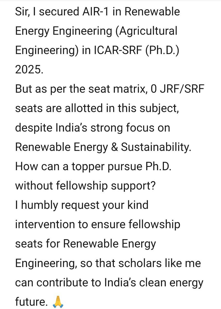chandan950993's tweet photo. Dear @icarindia 
I secured AIR-1 in Renewable Energy Engg (ICAR-SRF PhD 2025). But the seat matrix shows 0 JRF seats. How can 1st Rank do  PhD without fellowship? Kindly ensure JRF for this vital subject. 
#ICAR #RenewableEnergy #JRF #SRF #PhD https://t.co/w27uQ5tHst