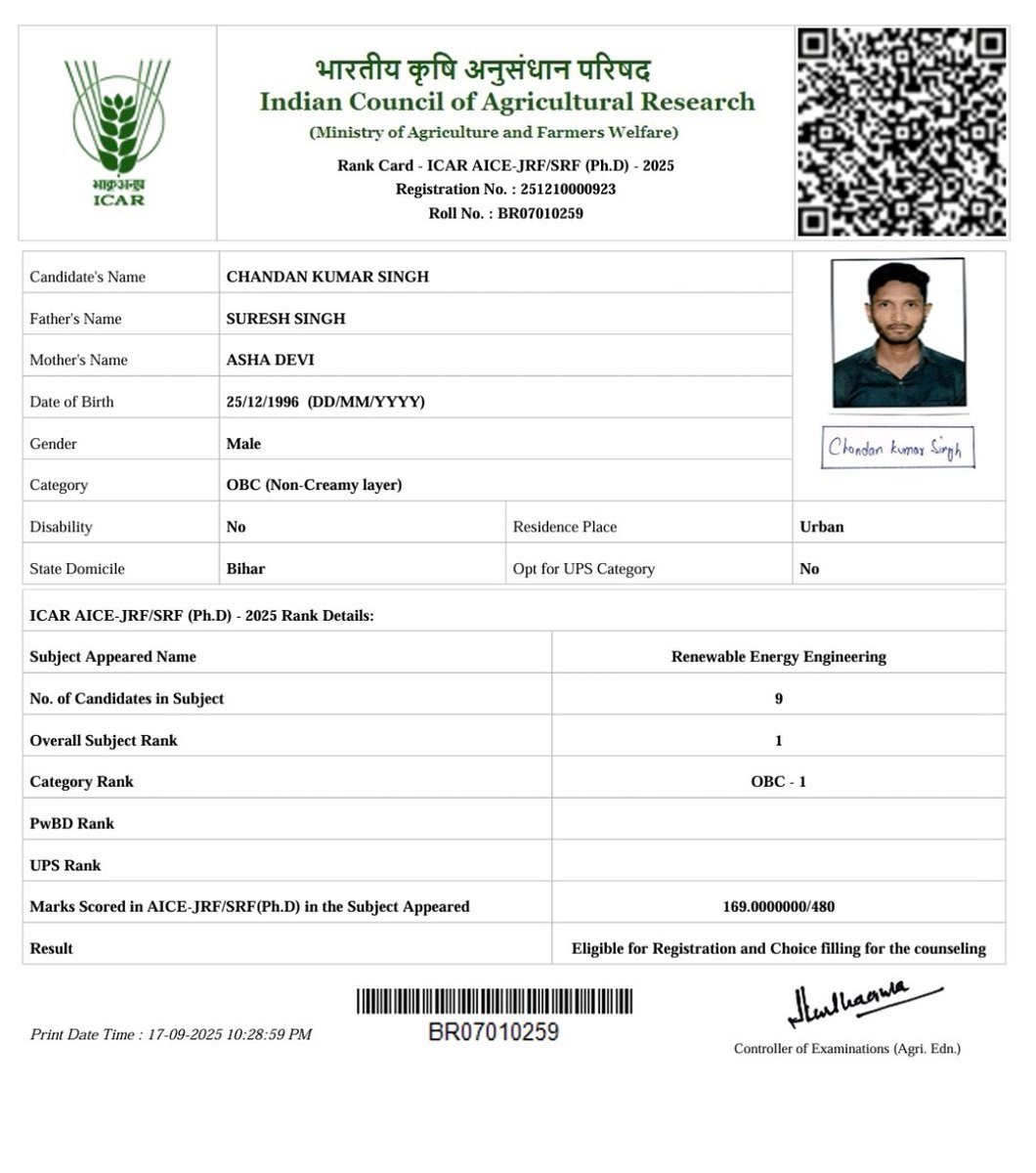 chandan950993's tweet photo. Dear @icarindia 
I secured AIR-1 in Renewable Energy Engg (ICAR-SRF PhD 2025). But the seat matrix shows 0 JRF seats. How can 1st Rank do  PhD without fellowship? Kindly ensure JRF for this vital subject. 
#ICAR #RenewableEnergy #JRF #SRF #PhD https://t.co/magaS6rTov