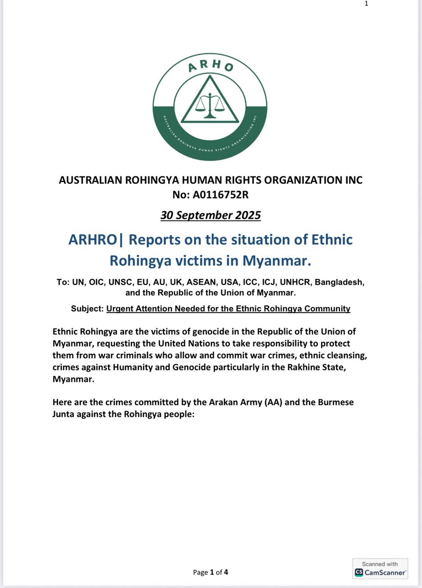 ARHOinc's tweet photo. Ethnic Rohingya are the victims of genocide in the Republic of the Union of
Myanmar, requesting the United Nations to take responsibility to protect
them from war criminals who allow and commit war crimes, ethnic cleansing,
crimes against Humanity and Genocide https://t.co/vRkujY2N2l