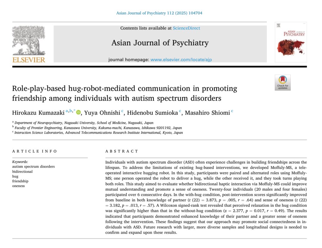 PsychiatryAsian's tweet image. New study: tele-operated hugging robot (Moffuly-MS) helped autistic adults connect. Over 6 days, users reported more partner knowledge, oneness &amp;amp; relaxation. Read: sciencedirect.com/science/articl… #Autism #HRI #AssistiveTech