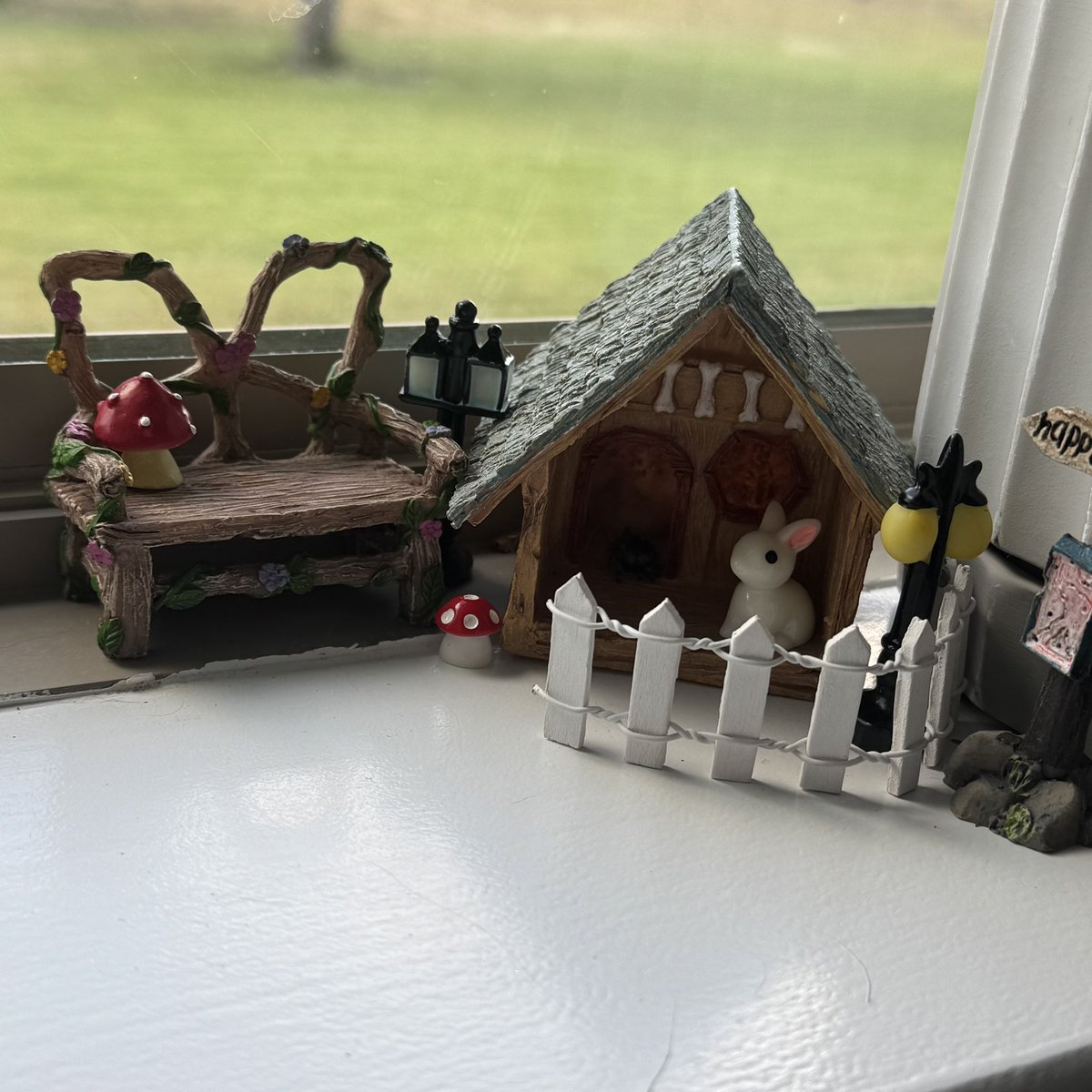 corndawgcourt's tweet image. Found my daughter’s fairy garden supplies. Anyways, #Pider the #jumpingspider now has a cottage, bench, fenced yard, pet rabbit &amp;amp; streetlights 🥹🕷️