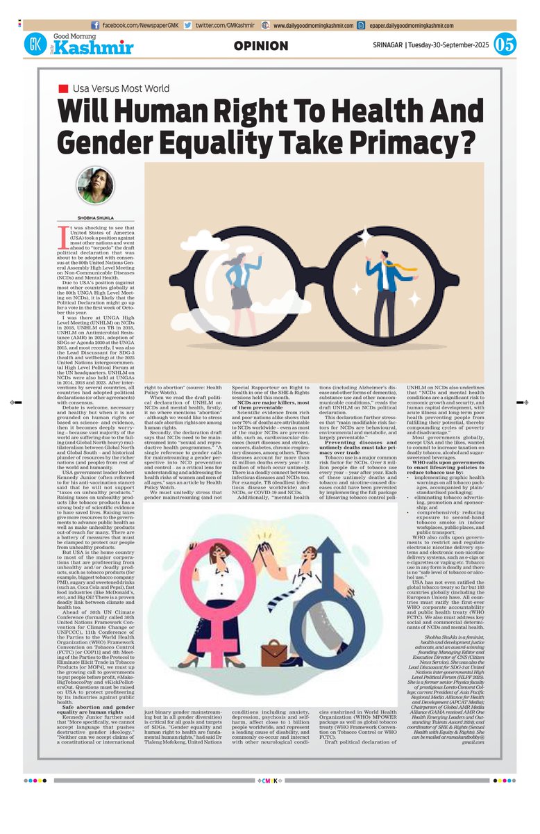 shobha1shukla's tweet image. #PublishedToday: US jeopardised years of work of most govts to #SaveLives from #NCDs, by not letting UNHLM Political Declaration get adopted
👉Safe abortion, gender equality & #RightToHealth are human rights👈
✅Daily GMK
epaper.dailygoodmorningkashmir.com/epaper/edition…
✅CNS
citizen-news.org/2025/09/usa-ve…