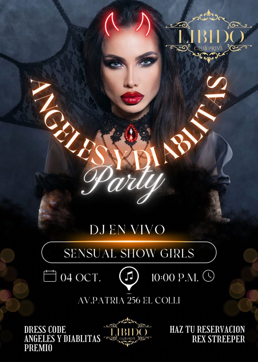 🔥 SÁBADO 4 DE OCTUBRE 🔥
Noche de Diablita &amp; Angelirás 👼😈

👩‍❤️‍👩 Lesbian Show
💪 Stripper Rex – guapísimo
👗 Concurso al mejor vestid@

🍾 Diversión, pasión y locura sin límites
👗 Dress Code obligatorio
📲 ¡Reserva ya!