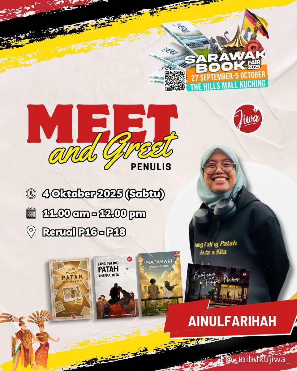 Hai semua! 👋🏻

Sampai jumpa nanti di Pesta Buku Sarawak 2025 hujung minggu ini ya!  📚🙂‍↕️🫵🏻

📆 4 Oktober 2025 (Sabtu)
📍The Hills Mall, Kuching 

⏰ 10.00 - 11.00 am (Main Stage)
⏱️ 11 am - 12 pm (Meet &amp; Greet @ JIWA)

<a href="/inibukujiwa/">JIWA - INIBUKUJIWA</a> 
<a href="/amirjaharimuzik/">Amir Jahari</a> 

#pestabukusarawak