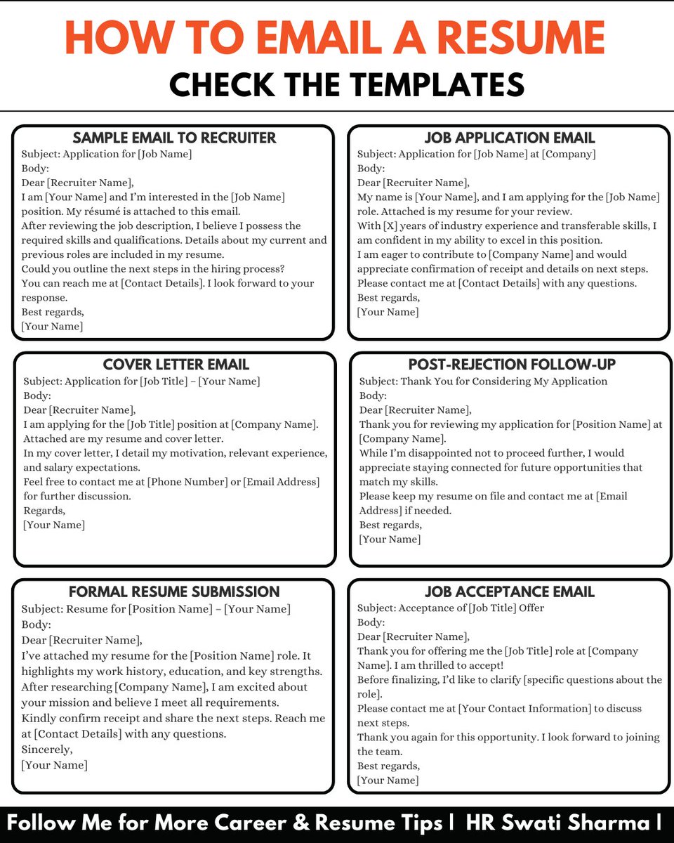🚀 Most people lose job opportunities not because of a bad resume…
…but because they don’t know how to email it properly.

Here are 6 ready-to-use email templates for every situation:
✅ Applying for a job
✅ Emailing a recruiter
✅ Cover letter email
✅ Formal submission
✅