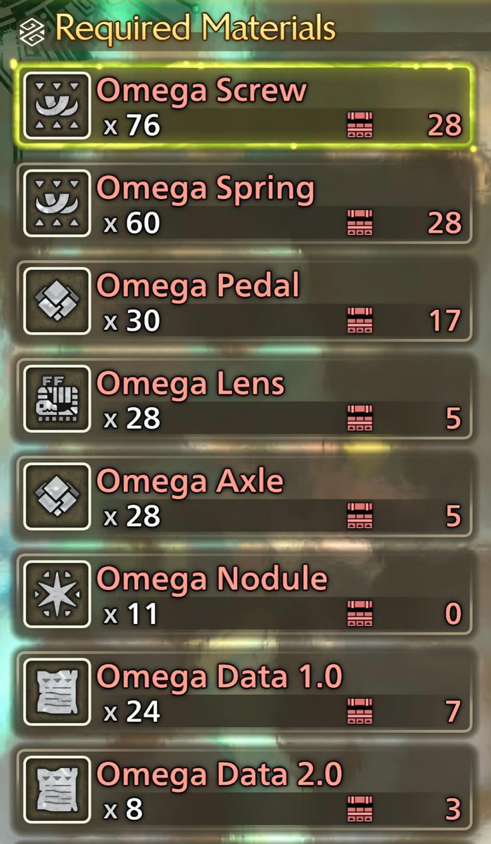 You need all this to craft everything from Omega. Includes palico gear, talisman upgrades, all weapons and upgrades, all armor sets. (i saw this on reddit)

#MHWilds