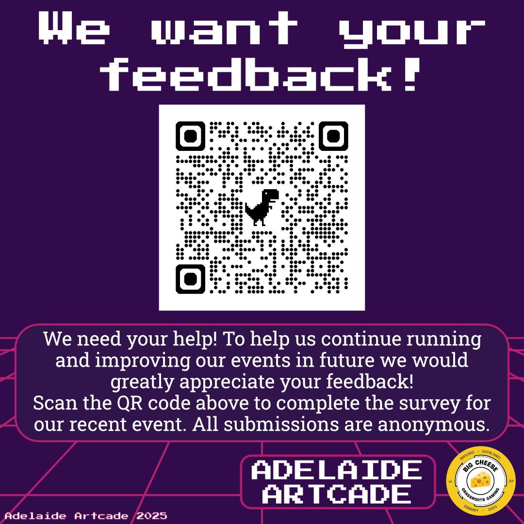 Thank you to everyone who attended or tabled at 2025 Adelaide Artcade!
We are always looking to continue improving our events in future so your feedback would be greatly appreciated. 💖

Scan the QR code or click the link in below. All submissions are anonymous.