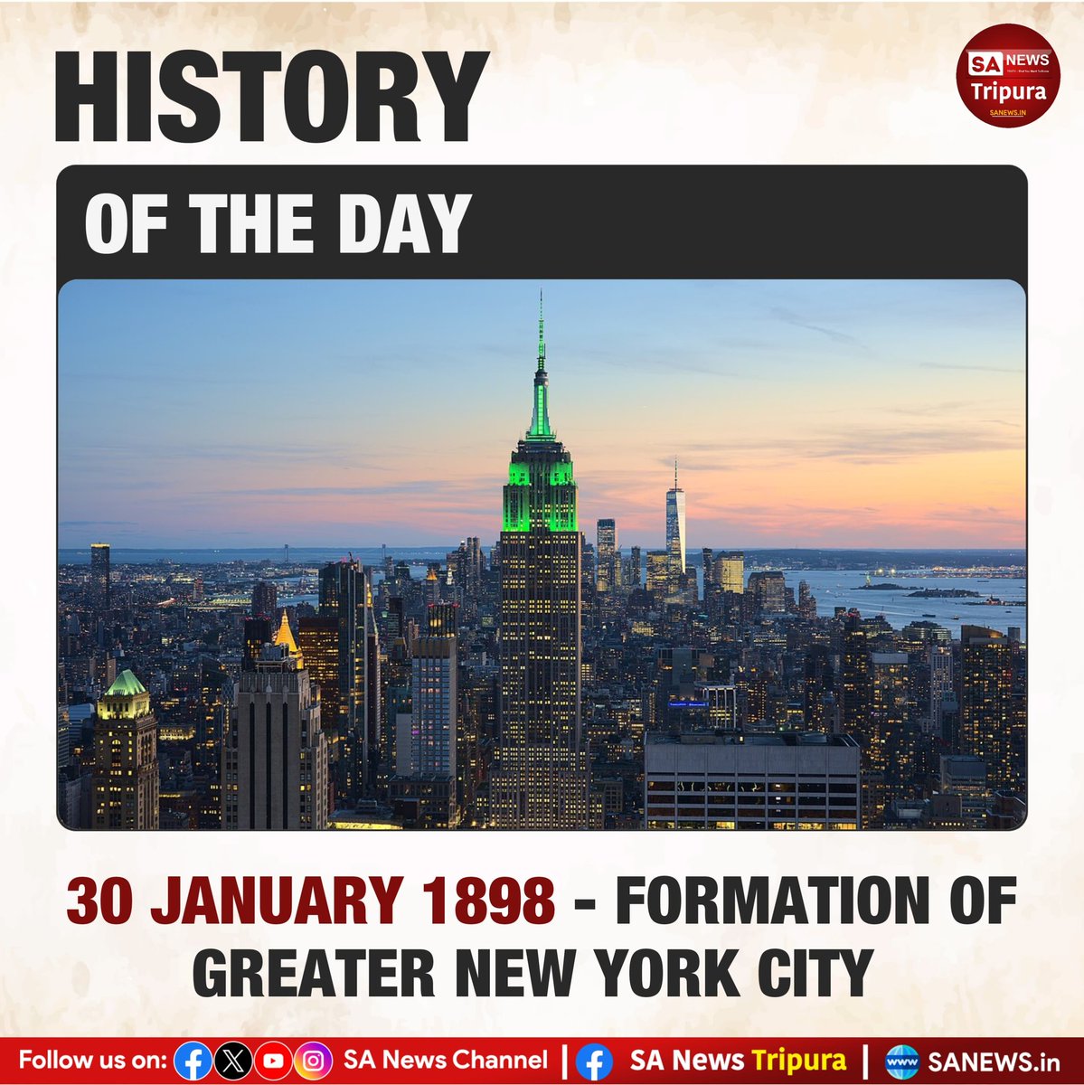 SanewsTripura's tweet image. On this day in 1898, New York City took its modern shape with the consolidation of five boroughs — Manhattan, Brooklyn, Queens, The Bronx, and Staten Island. 
#sanewstripura #newyork #history
#moden #formation  #Global #culuture  
#city_explore