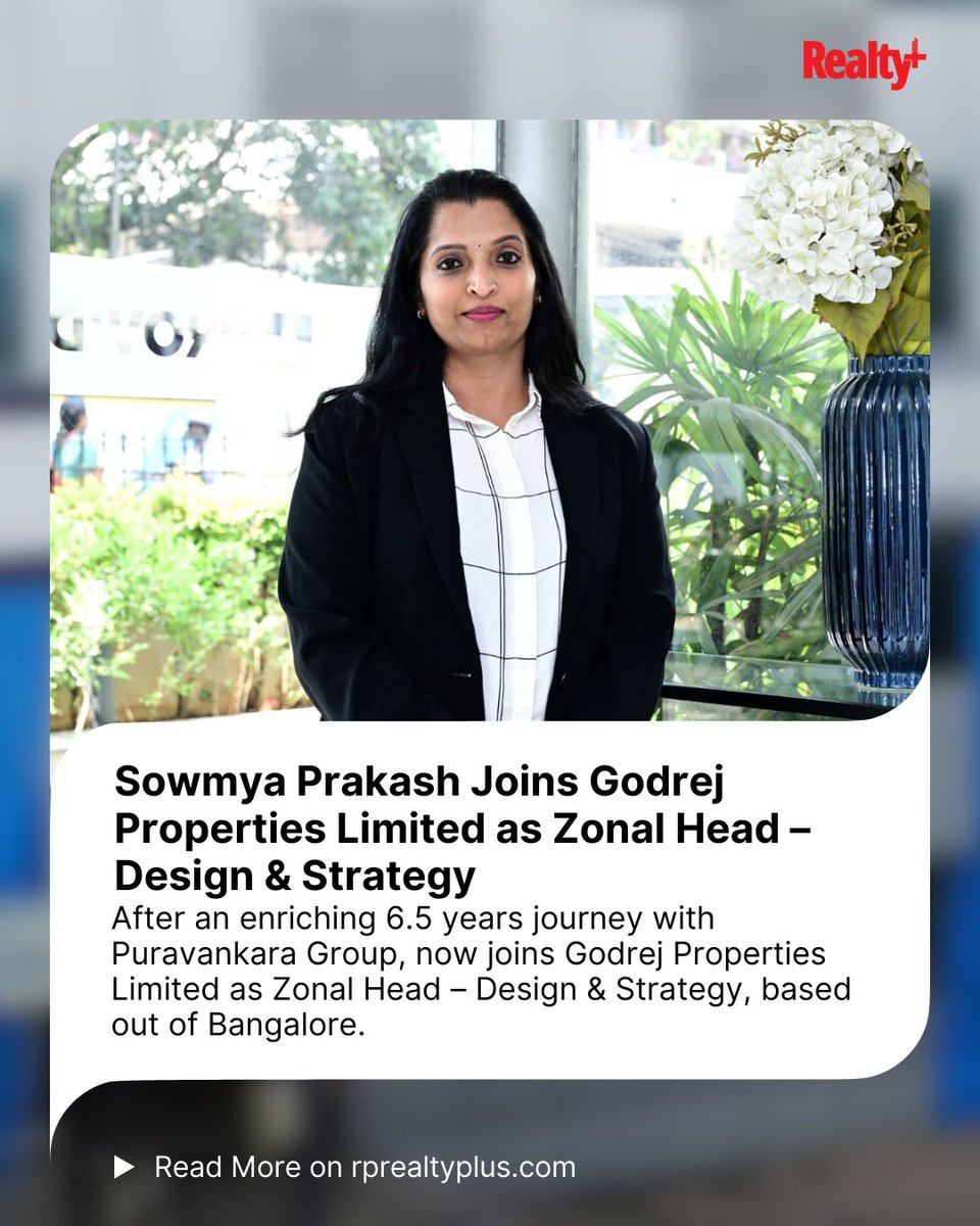 RPRealtyPlus's tweet image. Driving Design Leadership at Godrej Properties Limited!
Sowmya Prakash takes charge as Zonal Head - Design &amp;amp; Strategy, bringing her vision to shape human-centric, sustainable urban spaces.

Read more: rprealtyplus.com/people-movemen…

#GodrejProperties #DesignStrategy #WomenInLeadership