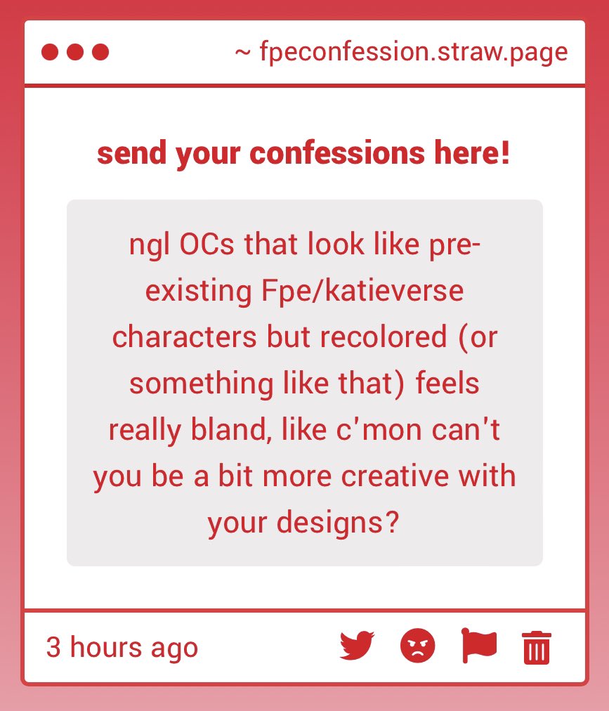 hexrtzz's tweet image. Confession 243 !
“ ngl OCs that look like pre-existing Fpe/katieverse characters but recolored (or something like that) feels really bland, like c'mon can't you be a bit more creative with your designs? “
#KATIEVERSE (?) #fpe #fundamentalpapereducation #FPE