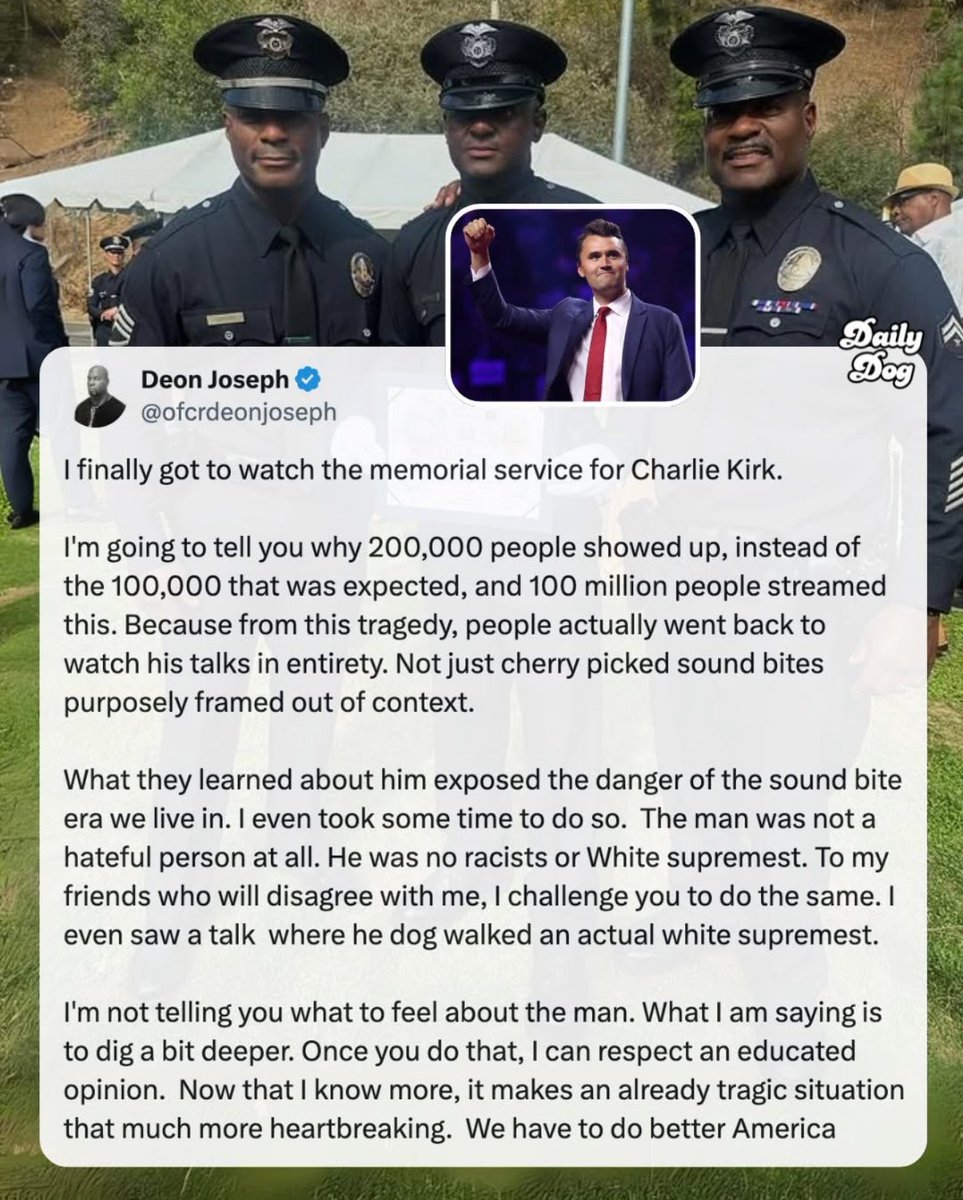nettermike's tweet image. Officer Deon Joseph, a 24 year law enforcement veteran and author had his say on the Charlie Kirk memorial service
