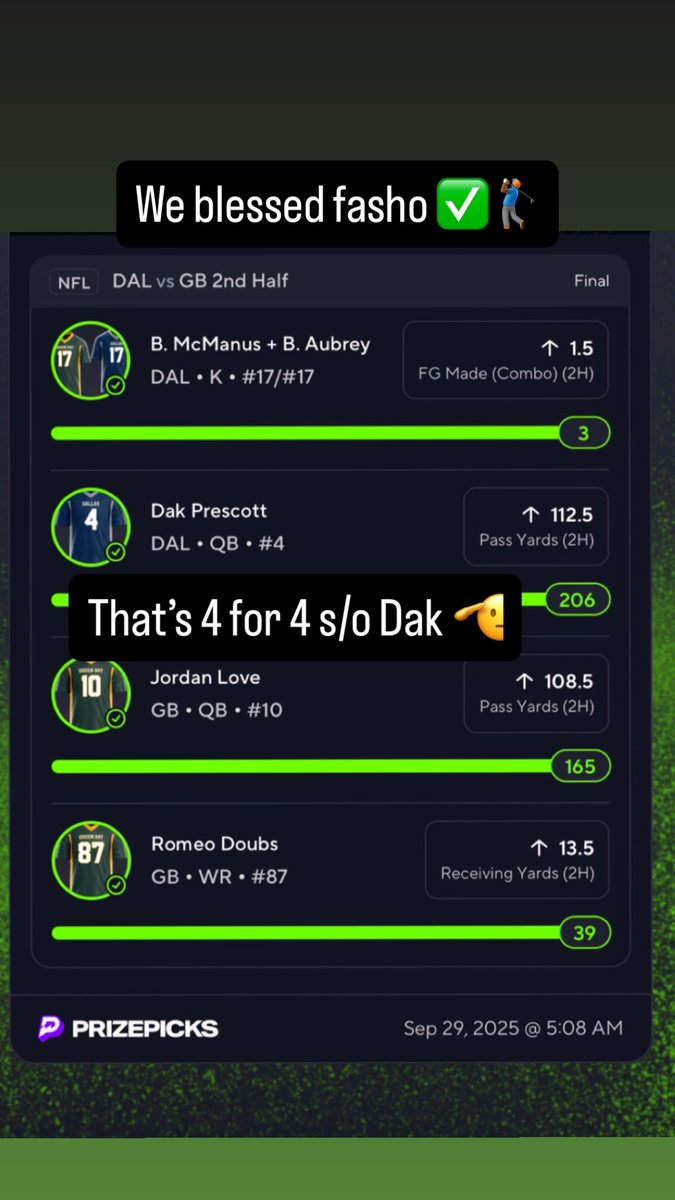 Almighty_Seth's tweet image. I’ve been on an absolute heater this weekend with the parlays. I probably won’t post on here like I used to. But here’s some results from this weekend. S/o to Dak and Jordan Love. #CashMoneyRecords™️🏌🏾‍♂️ ✅💰#PrizePicks