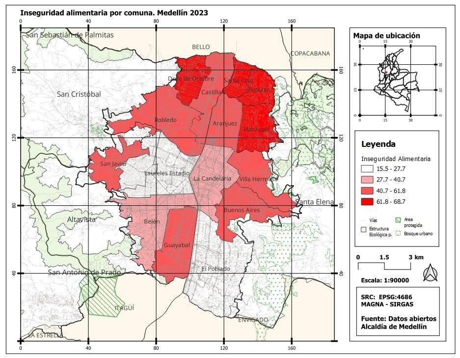 Un mar rojo, un mar de hambre, eso es lo que hay…
Las tonalidades de color rojo son las zonas de Medellín que hoy tienen inseguridad alimentaria, entre más intenso hay más habitantes y más hambre.
Obsceno que en  una ciudad donde se concentra tanta riqueza haya tanta miseria.