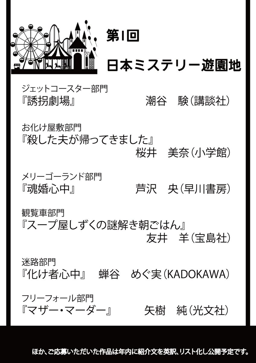 📢発表！
先日募集いたしました、「日本ミステリー遊園地」の部門別代表作品が選出されました。

🎢ジェットコースター部門
『誘拐劇場」潮谷験（講談社）
👻お化け屋敷部門
『殺した夫が帰ってきました』桜井美奈（小学館）
🎠メリーゴーランド部門
『魂婚心中』芦沢央（早川書房）
（続）