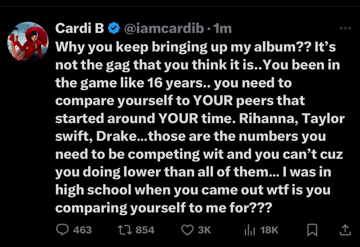 ArmonWiggins's tweet image. Now Cardi let’s be for real you wer comparing yourself to her and wanting to outsell her.. now it’s a different vibe.. when you was just telling everybody too book mark tweets and it time for hoes to gag