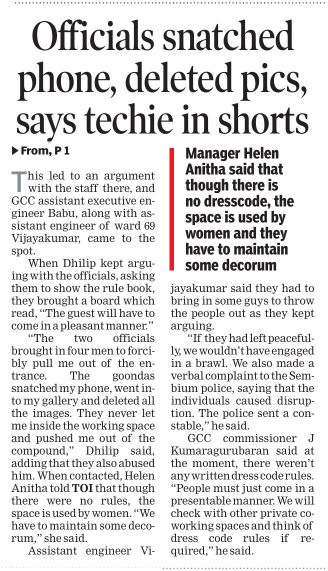 omjasvinMD's tweet image. #Techie beaten up by goons at chief minister’s co-working spaces in Kolathur for wearing shorts. Apparently, no such rules exist in @chennaicorp’s website while booking nor such rules are mentioned at the premises of the working space