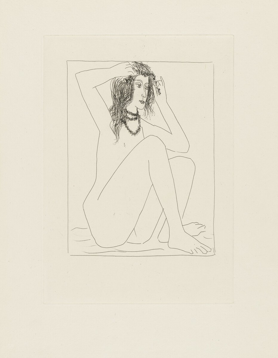 Nude Woman Crowning Herself with Flowers (Femme nue se couronnant de fleurs) from the Vollard Suite (Suite Vollard), 1930, published 1939 #artbots #picasso