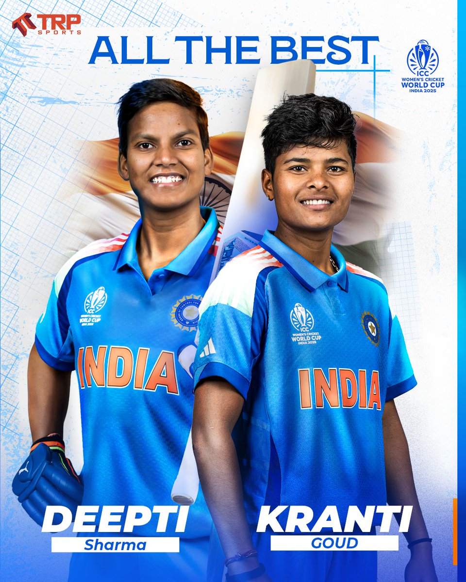 TRPSports's tweet photo. Wishing #TRPAthletes Deepti Sharma and Kranti Goud the very best as they begin their ICC Women’s World Cup campaign today. 🙌🏼 
🇮🇳 vs 🇱🇰 
Let the World Cup fever begin! 

#TRPSports #CWC25 #TalentManagement https://t.co/uqKhbuNrHe