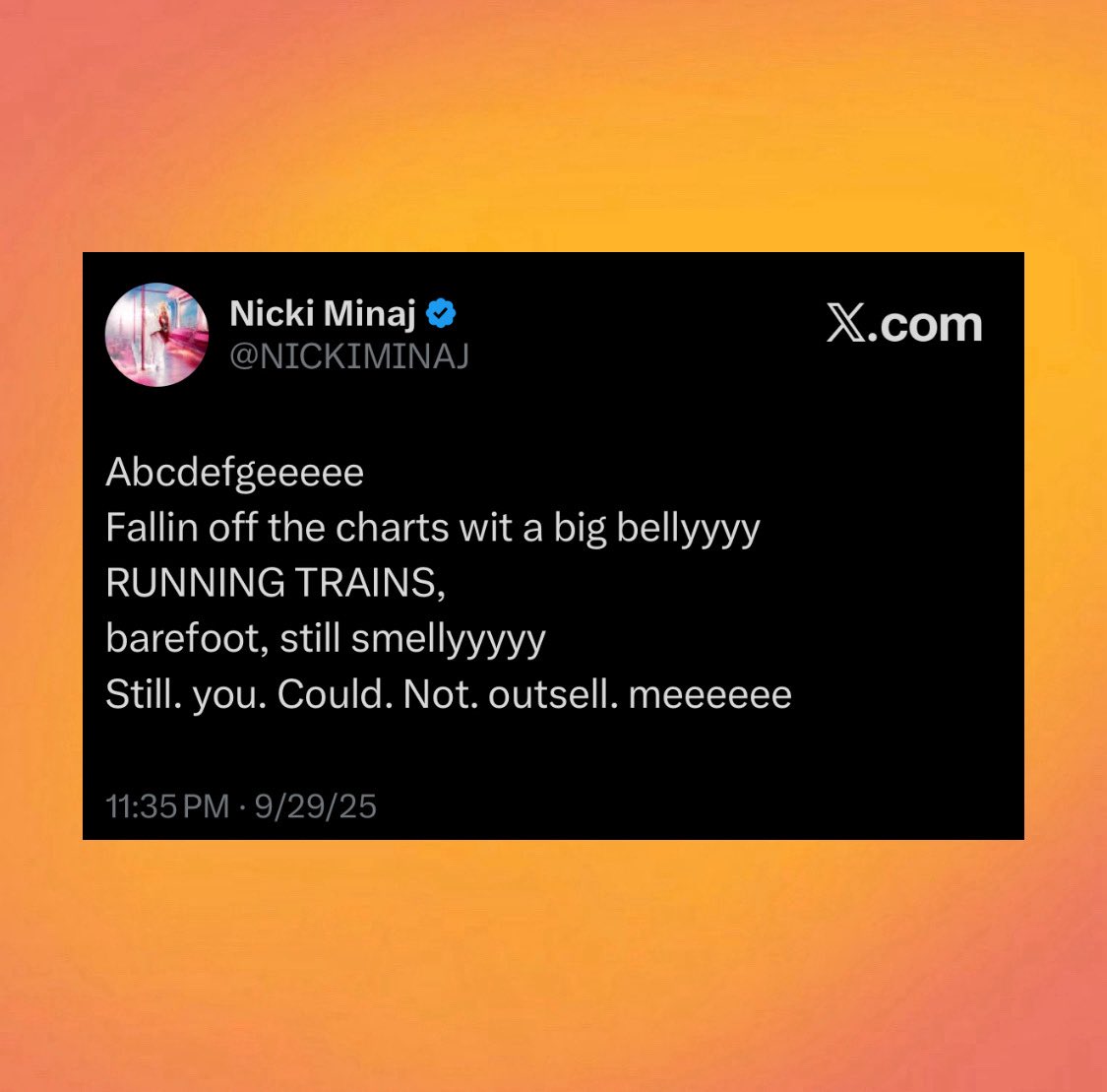 ThePopFlop's tweet photo. Nicki Minaj shades Cardi B for being unable to outsell ‘Pink Friday 2’:

“Still. you. Could. Not. outsell. meeeee” https://t.co/VXaSHYxcxF