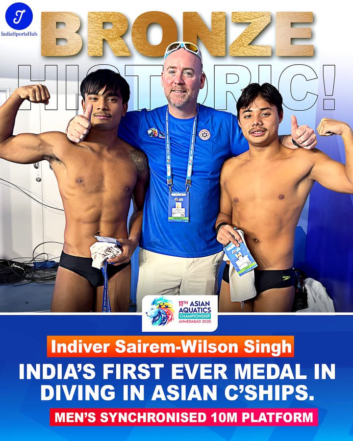 BonnyGurumayum's tweet image. 🥉 HISTORIC BRONZE!🇮🇳
Willson Singh Ningthoujam and Indiver Sairem win India's first Men's Synchro 10m Platform medal at the Asian Aquatics Championships in Ahmedabad with a score of 300.66!
#Meitei #ProudIndia #AsianAquatics #Diving #TeamIndia