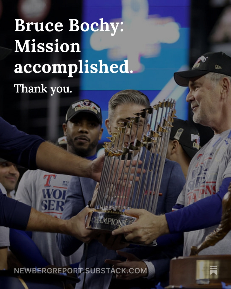 There will be a new manager in Texas in 2026.  

He'll replace the best manager in Rangers history.

newbergreport.substack.com/p/bruce-bochy-…